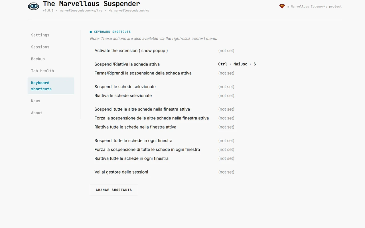 The Marvellous Suspender — Keyboard shortcuts